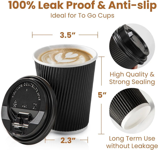 Einweg-Kaffeebecher 12oz mit Deckel – Triple Wall Isolierung, Schwarz & Weiß | 15, 25 oder 50 Stück