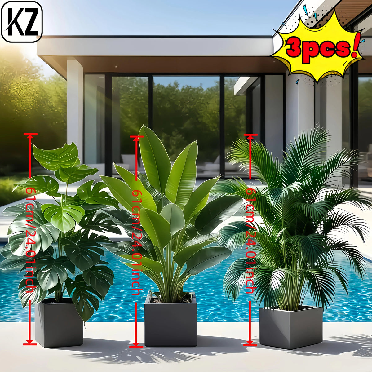 Kunstpflanzen Set 3-teilig – Bananenbaum & Monstera Palme, Bodendeko für Innen & Außen