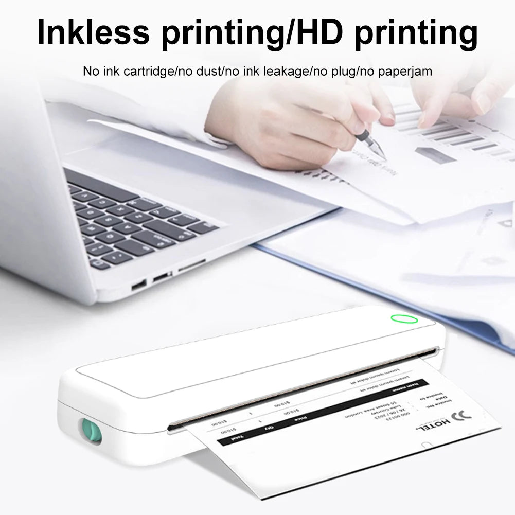 Tragbarer A4 Thermodrucker ohne Tinte – Bluetooth, USB-C, 2600mAh | Weiß & Schwarz + Thermopapier