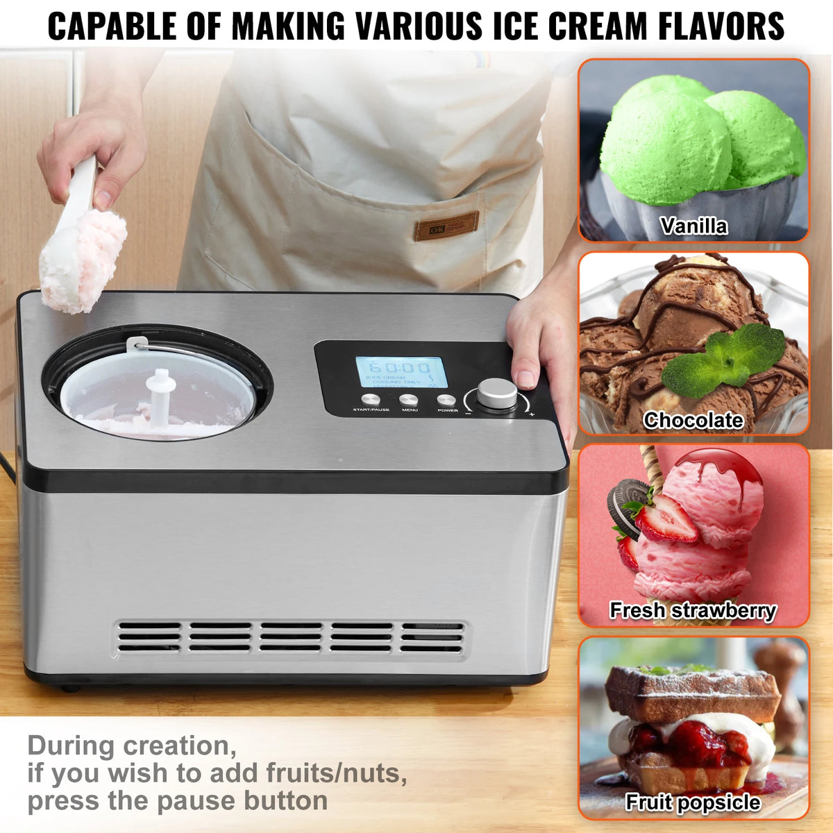 SucceBuy Eismaschine mit Kompressor 2 Quart – Kein Vorgefrieren, Eiscreme & Sorbet