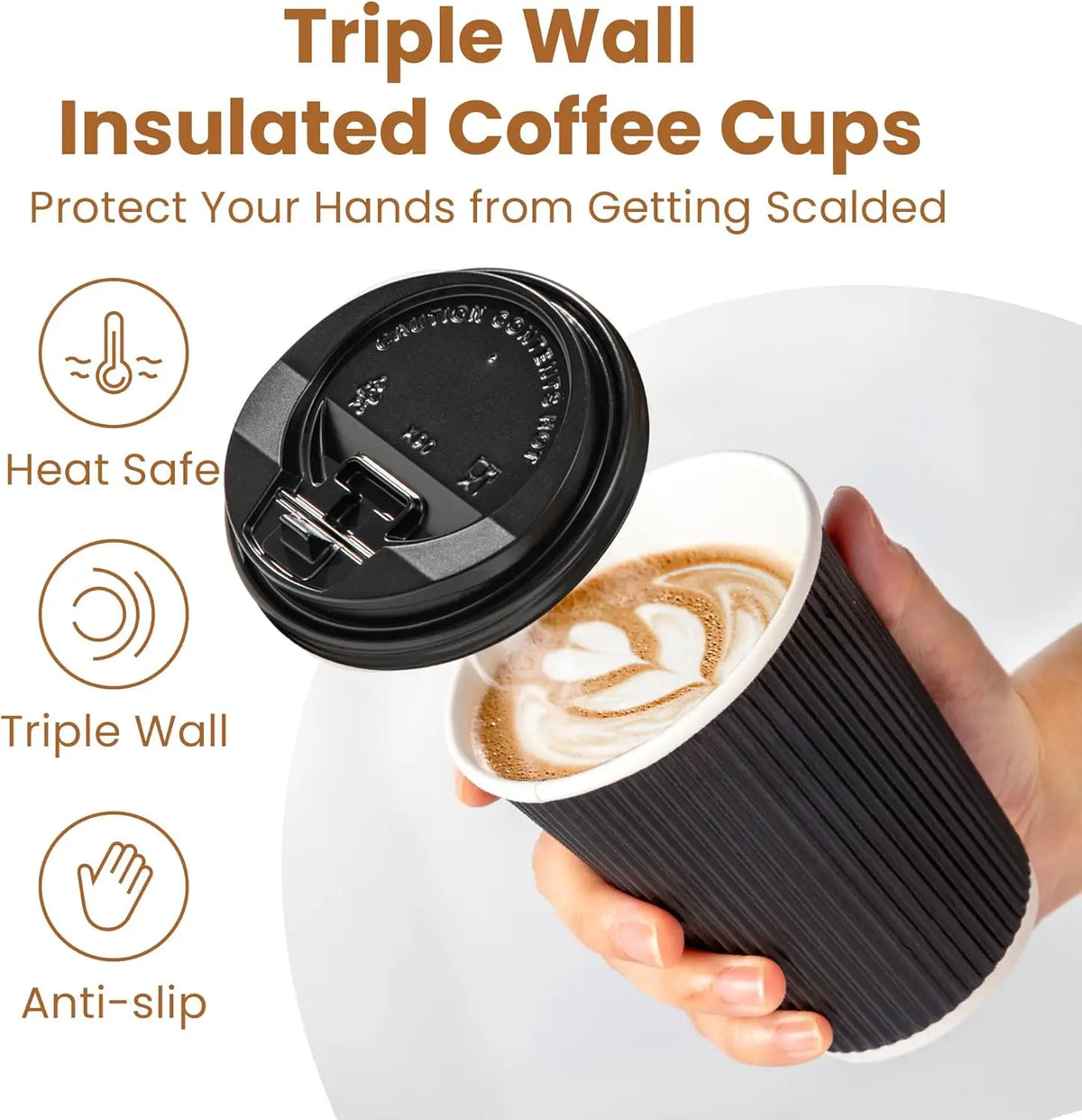 Einweg-Kaffeebecher 12oz mit Deckel – Triple Wall Isolierung, Schwarz & Weiß | 15, 25 oder 50 Stück