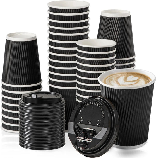 Einweg-Kaffeebecher 12oz mit Deckel – Triple Wall Isolierung, Schwarz & Weiß | 15, 25 oder 50 Stück