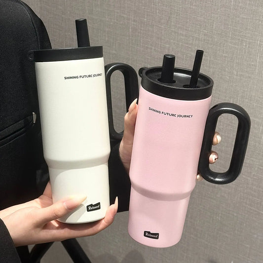 Edelstahl Thermobecher 720ml – Mit Strohhalm & Griff, Vakuumisoliert für Kaffee & Reisen