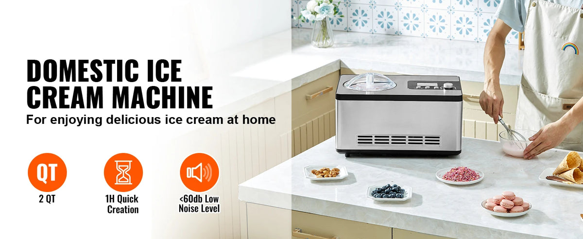 SucceBuy Eismaschine mit Kompressor 2 Quart – Kein Vorgefrieren, Eiscreme & Sorbet