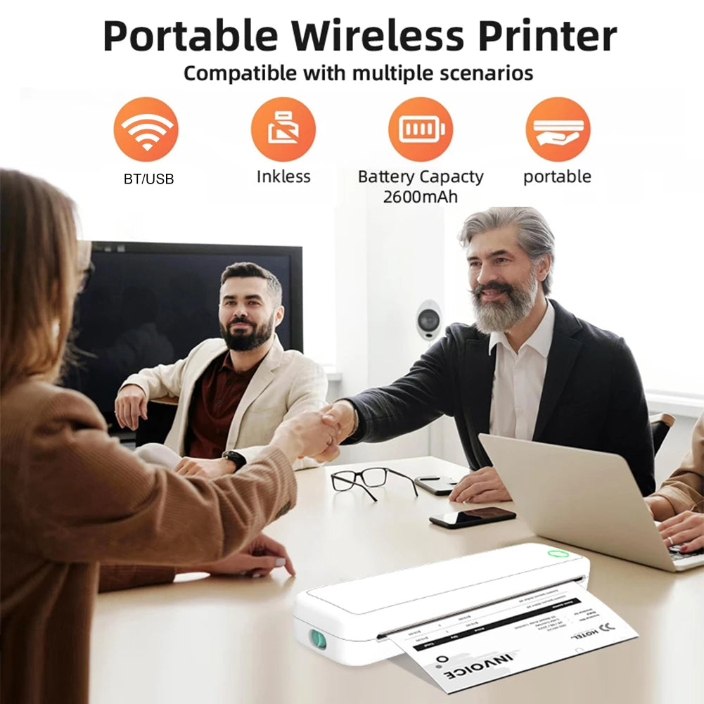 Tragbarer A4 Thermodrucker ohne Tinte – Bluetooth, USB-C, 2600mAh | Weiß & Schwarz + Thermopapier