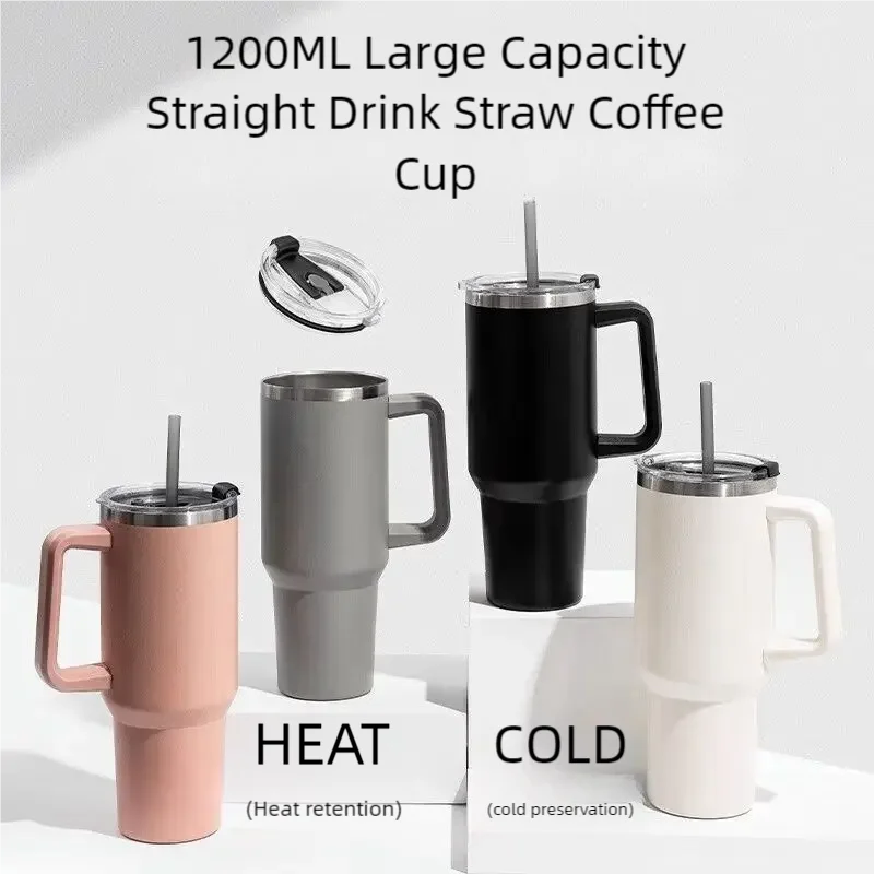 Thermobecher 1200ml mit Griff & Strohhalm – 24h Isoliert, Edelstahl, Reise & Büro | Geschenk