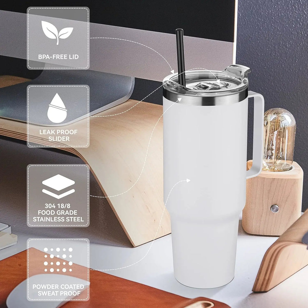Stainless Steel Water Bottle 1200ml – Vacuum Insulated, Leakproof with Straw Lid