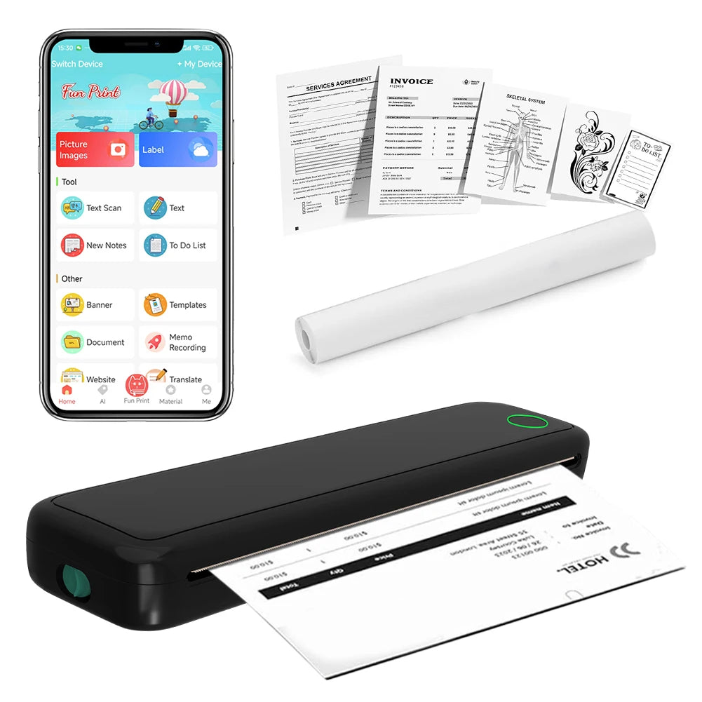 Tragbarer A4 Thermodrucker ohne Tinte – Bluetooth, USB-C, 2600mAh | Weiß & Schwarz + Thermopapier