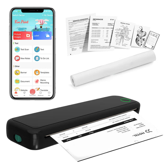 Tragbarer A4 Thermodrucker ohne Tinte – Bluetooth, USB-C, 2600mAh | Weiß & Schwarz + Thermopapier