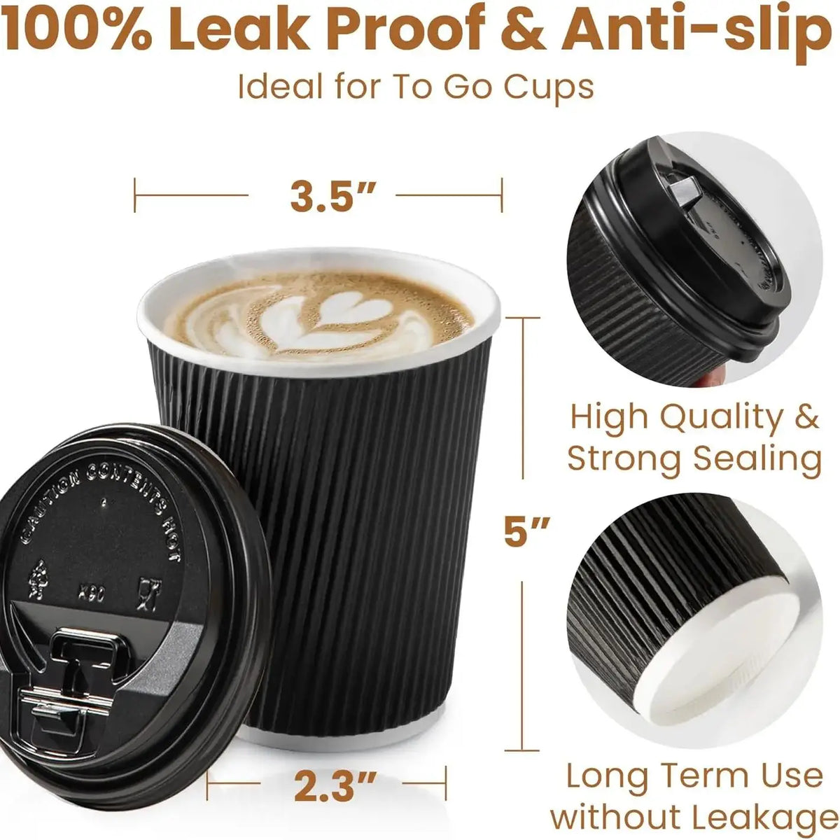Einweg-Kaffeebecher 12oz mit Deckel – Triple Wall Isolierung, Schwarz & Weiß | 15, 25 oder 50 Stück